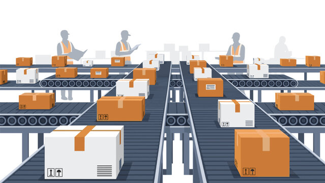 Efficient automated distribution center with packages moving smoothly on conveyor belts, perfect for logistics and supply chain management visuals