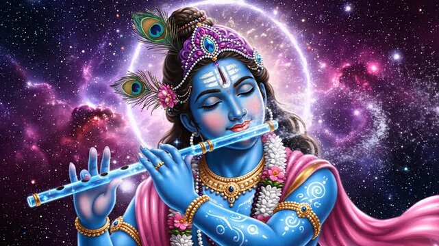 Lord Shiva wallpaper with his flute against a cosmic galaxy perfect for spiritual designs, backgrounds, meditation apps, and religious themes