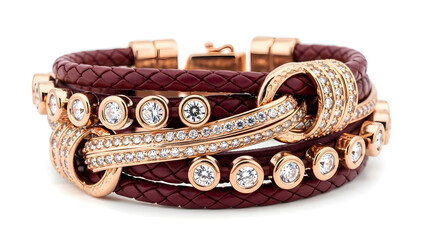 Elegant burgundy leather and crystal wrap bracelet with rose gold accents
