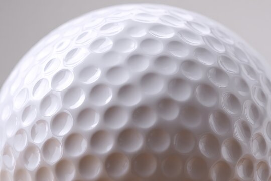 Closeup view of a white golf ball with distinctive dimples on its surface highlighting design for improved aerodynamics during golfing activity