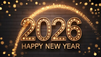 Illuminated 2026 Happy New Year sign with golden bokeh festive celebration holiday greeting card design