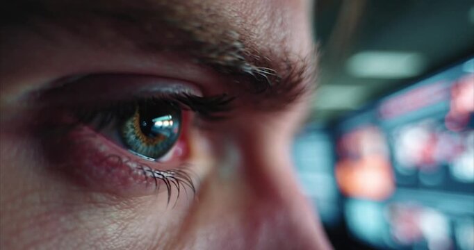 Intense Focus - Close-Up of Eye Reflecting Digital Screens.