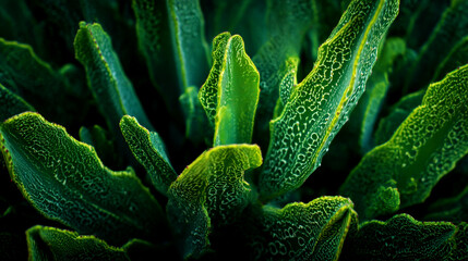 Vibrant green cactus leaves display detailed patterns and textures, creating a striking visual. The natural light highlights their unique shapes and colors