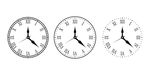Classic Clock Face with Roman Numerals and Ornate outline icon. Black and white clock icons, wall clocks, roman numeral styles, analog and digital timepieces. vector illustration.