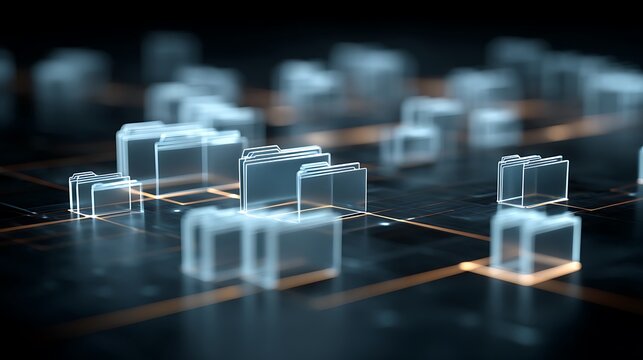 Abstract data structure with connected digital folders on a dark surface, concept for database management, information technology and cloud storage solutions.