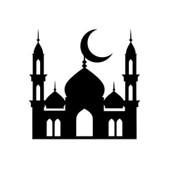 Silhouette of a mosque with a crescent moon icon on transparent background