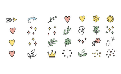 Cute hand drawn floral and heart doodle icons for design projects