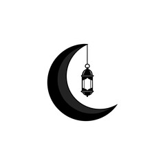 Crescent moon with hanging lantern illustration on transparent background silhouette