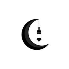 Crescent moon with lantern hanging from the top on transparent background silhouette