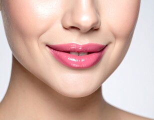 Close-up of a smiling woman's face, focusing on her pink, glossy lips and smooth, clear skin in front of a grey background