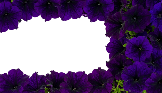 Frame of deep purple flowers encircling a black void. Beautiful petals and green accents