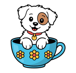 A cute, happy puppy with a collar and bell sits inside a blue teacup adorned with floral patterns.