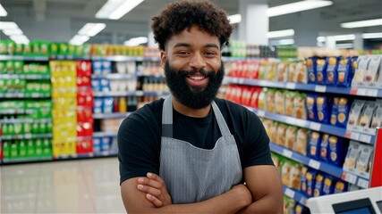 Confident male worker smiling in a modern grocery store