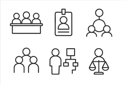 Ethics Committee Icons. Line style icons of ethics committee structure: committee table icon, chairperson badge, decision group