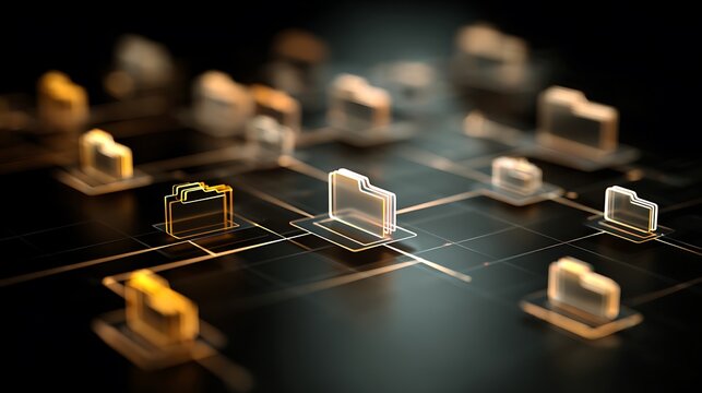 Abstract data structure with connected digital folders on a dark surface, concept for database management, information technology and cloud storage solutions.