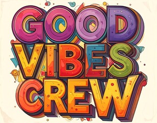 Colorful, stylized text reads "GOOD VIBES CREW" with vibrant overlapping fonts against a cream and illustrated background
