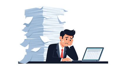 Stressed businessman overwhelmed by paperwork and deadlines in modern office, feeling pressure to complete tasks on time, work overload concept