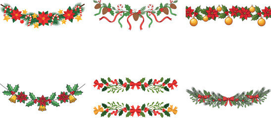 Collection of six festive christmas floral borders isolated on transparent background, perfect for adding a touch of holiday cheer