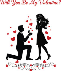  Romantic Valentine’s Day Silhouette Couple Proposal Design with Elegant Typography and Heart Symbol on a white background