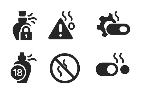 Digital Scent Security Icons. Solid style icons of privacy and safety in digital scent: fragrance control lock, allergy warning