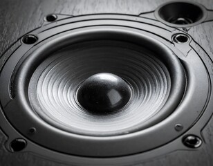 Close-up of a speaker cone, featuring dark wood surround and metallic accents, reflecting light