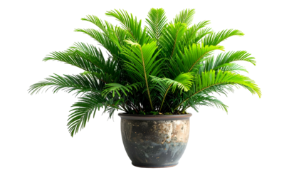 Lush green plant with many fronds in a decorative, glazed ceramic pot
