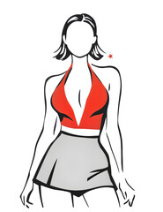 A stylized vector illustration of a faceless woman with a bob haircut wearing a deep V-neck red halter top and a gray pleated mini skirt. Simple line art with color fill