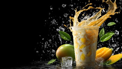 Tropical power in a cup. Iced Mango Milk Tea with real fruit chunks, captured in a dramatic, refreshing splash.