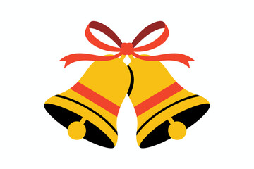 Two golden bells with a red ribbon tied in a bow
