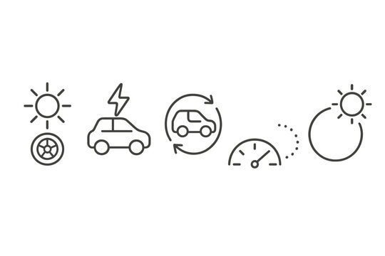 Solar Vehicle Icons. Line style icons of solar-powered vehicle symbols: sun + wheel combo icon, energy flash over car, sustainable