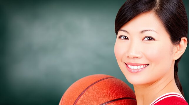 A young woman stands confidently with a basketball in her hands. She has a bright smile on her face, set against a lively green background - Powered by Adobe