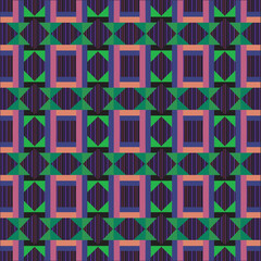 Symmetric Abstract Pattern Featuring Deep Greens, Purples, and Blues, Balanced Geometric Shapes, Optical Stripe Blocks, Repetitive Decorative Structures, and Harmonized Modern Art Motifs digital print