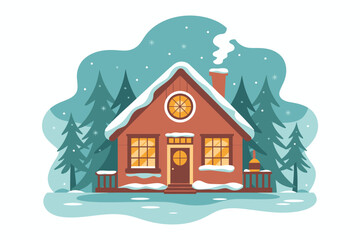 A cozy house stands in a snowy winter landscape with pine trees.
