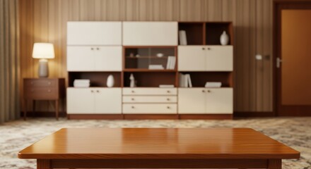 Retro living room with wooden table and vintage cabinet set