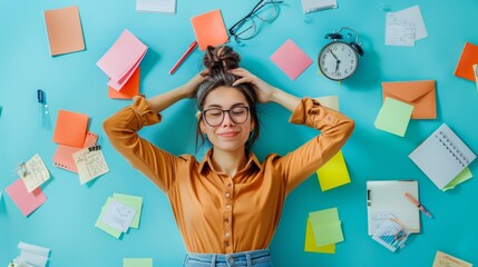 A young woman looks relaxed despite numerous sticky notes around her. She holds her hair back, showing a calm demeanor amid the chaos of tasks
