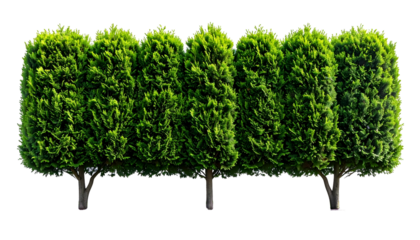 A row of neatly trimmed evergreen trees with dense, green foliage, on black background