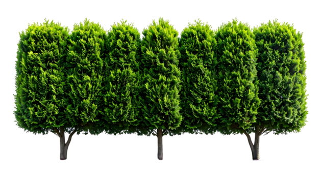 A row of neatly trimmed evergreen trees with dense, green foliage, on black background