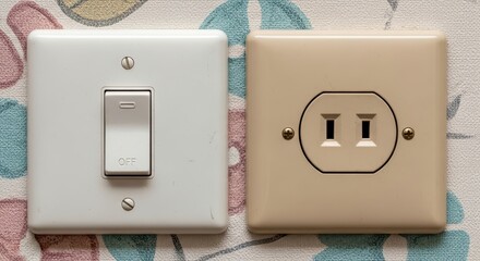 Close-up of light switch and electrical outlet on patterned wall