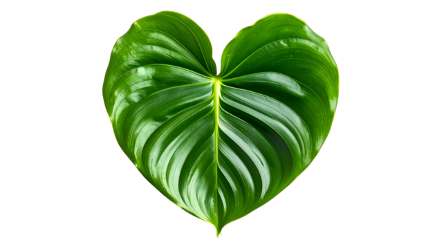 Heart-shaped, vibrant green tropical leaf with prominent veins against a black background