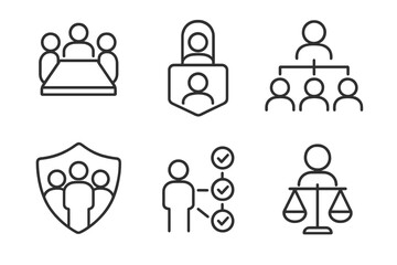Ethics Committee Icons. Line style icons of ethics committee structure: committee table icon, chairperson badge, decision group