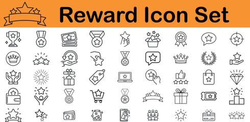 Fototapeta premium Reward Program Line Icon Set With Trophy Gift Medal Bonus and Achievement Symbols Vector