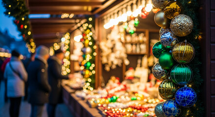 Festive stall at a Christmas market with colorful ornaments and lights, creating a joyous, celebratory atmosphere, representative of holiday shopping