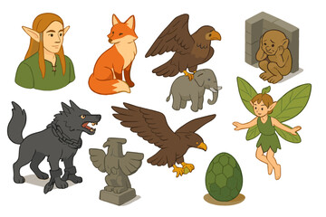 Fototapeta premium Mythical Creatures Isometric Set. Isometric vector illustration set of Mythical creatures: elf with long ears, kitsune fox spirit,