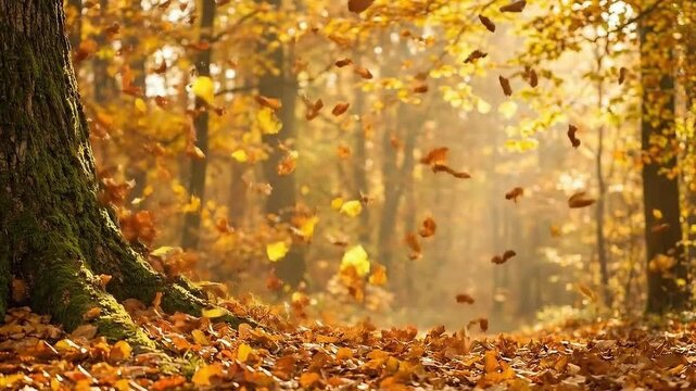 Autumn's Whispers: A serene autumnal forest scene, where falling leaves dance in the gentle sunlight, creating a warm, tranquil ambiance.