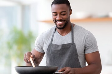 An American man smiles while stirring a skillet with a spatula, enjoying his cooking moment in a bright, cozy kitchen filled with natural light