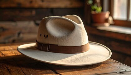 Cream felt hat with brown band sits on a warm wooden surface, dappled sunlight