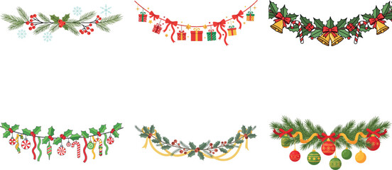Festive christmas garland set isolated on transparent background, holiday decoration elements for greeting cards, invitations, and banners