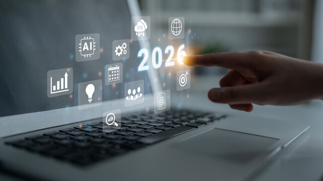 Digital icons, analytics symbols, and glowing number 2026 representing business goals, innovation, and market growth Parse - Powered by Adobe