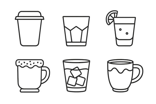 Drinkable Container Icons. Line style icons of drinkable containers: edible coffee cup, sugar glass, flavored shot glass, cookie
