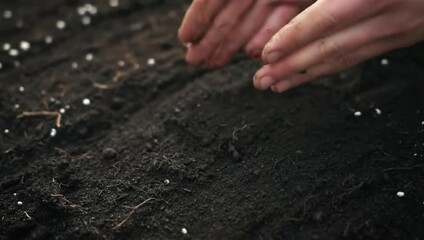 Hands planting seeds in rich dark soil close up with shallow depth of field showing growth and
